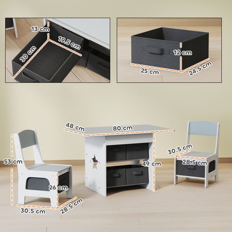 Ensemble table et chaises pour enfants de 3 à 8 ans. Comprend 6 tiroirs et des angles arrondis. Fabriqué en bois et tissu, disponible en gris et blanc. (1/5)