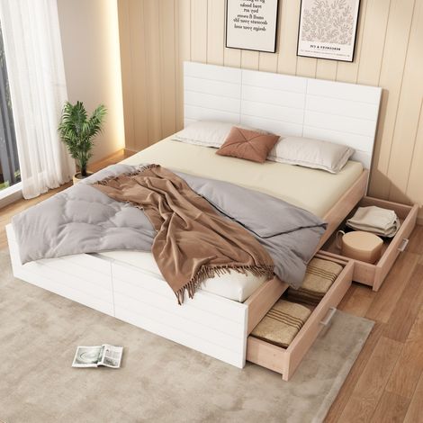 Lit double 140x200 chêne/blanc, 2 tiroirs, cadre et sommier lattes inclus. 207x80x145 cm. Moderne (sans matelas) (1/5)