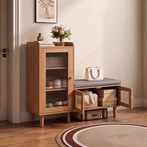 Schuhschrank mit Sitzbank 100x35x90 cm, mit Kippsicherung, 3 Fächern und höhenverstellbarem Einlegeboden, Natur (1/5)