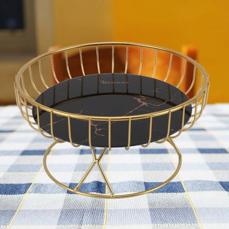 corbeille à fruits, panier à fruits pour salon, présentoir à desserts, plateau à apéritifs, petit format, fond noir à motifs dorés (1/5)