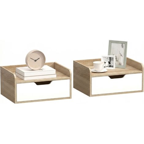 Ensemble de 2 tables de chevet murales en bois naturel avec tiroir, dimensions 40x30x19,5cm, parfaites pour chambre moderne. (1/5)