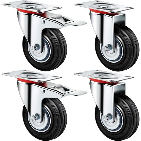 Jeu de 4 roulettes pivotantes 125 mm roulettes lourdes (2 standard, 2 freins) 100 kg par rouleau (1/2)