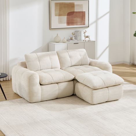 Canapé d'angle modulable 194x160x68 cm – canapé l 2 places avec pouf assise épaisse modules séparables – chenille – beige (1/5)