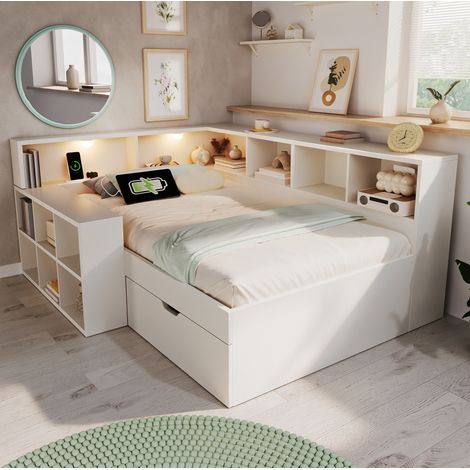 Letto singolo 90x200 cm con contenitore, luci da lettura, USB e USB-C, legno bianco OKWISH (1/5)
