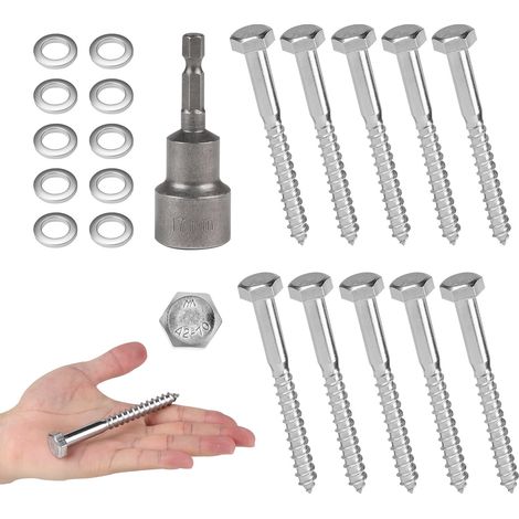 10 PCS Vis Tire-Fond Avancées Tête Hexagonale M10 x 100 mm Inox AISI 304 (A2), Tirefond Beton avec Rondelles et Clé à Six Pans, Vis à Bois Tête Hexagonale Autoperceuse, pour Assembler le Bois (1/5)