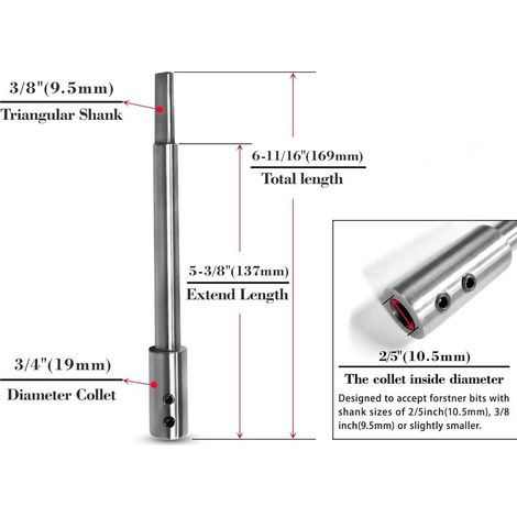 Rallonge extra longue de 170 mm pour foret Forstner avec tige de 3/8", tige d'extension pour des fraisages et des perforations particulièrement profonds (1/4)