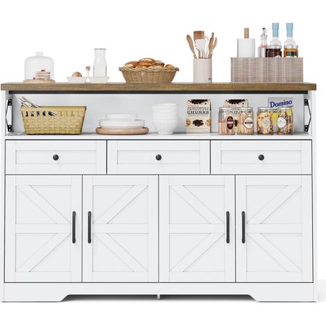 Buffet 140cm enfilade style rustique blanc/marron - 3 tiroirs, portes, rangement bar/café - Salon/cuisine (1/5)