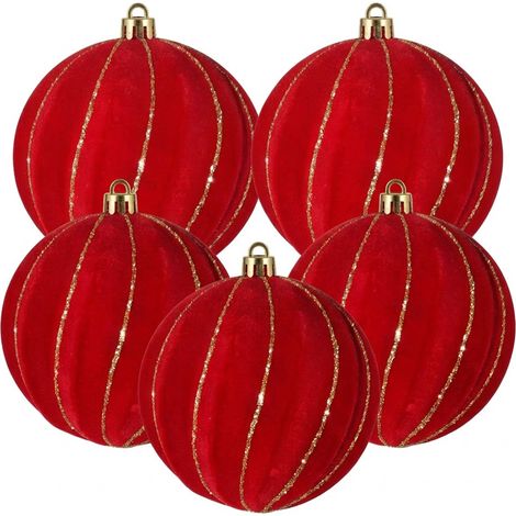 5 Palle per Albero di Natale grandi 10cm Velluto ROSSO con Decorazioni oro Palla sfera natalizia' addobbi rossi ghirlande Eleganti e particolari arredo casa e locali commerciali (1/5)