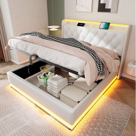 Bett 160x200 cm mit Stauraum, LED 360°, weißes PU, gepolstertes Kopfteil mit USB- und Type-C-Anschluss (1/5)