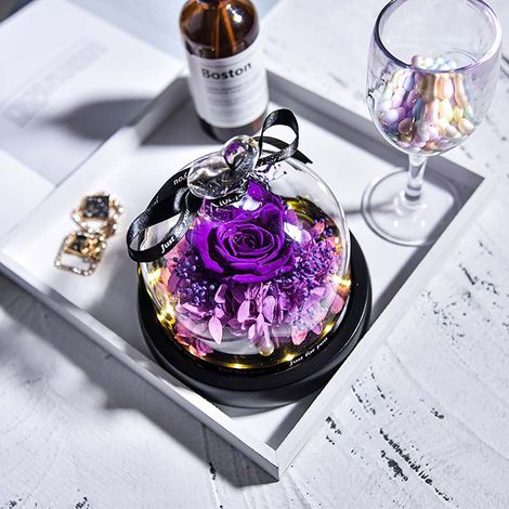 Rose Préservee - Dôme En Verre Avec Lumière Led - Cadeau Pour Fête Des Mères Anniversaire Saint Valentin - 1 Pièce (1/5)
