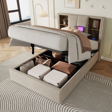 Cama con espacio de almacenamiento tapizada en lino natural 90x200 cm, carga inalámbrica, USB y USB-C (1/5)