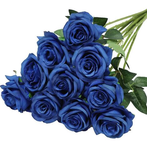 Lot de 10 roses artificielles rouges en flanelle, fleurs artificielles réalistes et décoratives pour mariage, maison et jardin, bleu foncé (1/2)