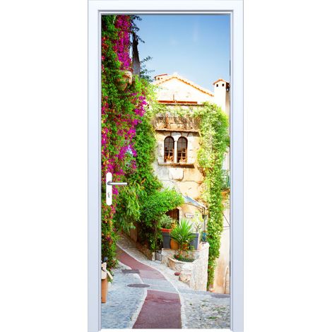 Adhesivo de tela para puerta: una calle entre hermosas flores 872PD