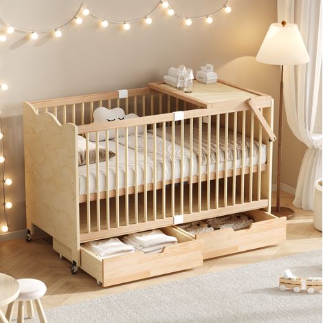 Cuna de bebé 140x70 cm de madera de pino natural con cambiador, sin colchón – MEUBLIV (1/5)