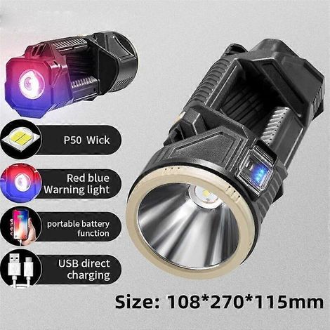 Lampe torche LED rechargeable haute luminosité 10 000 lm, projecteur portable, lanterne de camping solaire USB avec batterie externe intégrée (108 x 270 x 115 mm). (1/5)