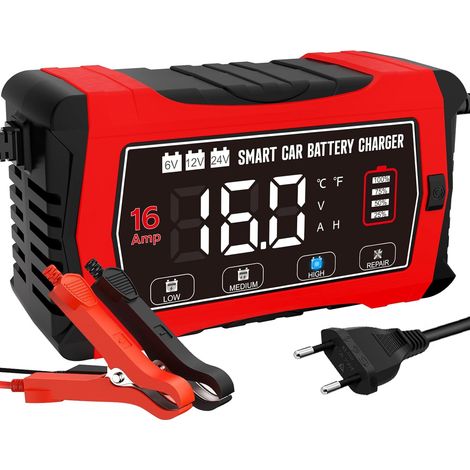 Chargeur Batterie Voiture 16A 6V/12V/24V pour AGM, Gel, EFB, LiFePO4 Chargeur de batterie voiture : 3 niveaux de courant, compensation thermique, maintien et réparation par impulsions pour moto (1/5)