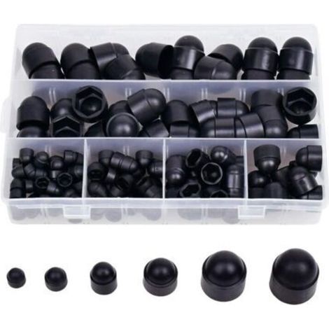 Lot de 145 cache-écrous hexagonaux en caoutchouc, cache-boulons, capuchons à vis, kits d'écrous en plastique avec boîte de rangement, 145 pièces noires M4 M5 M6 M8 M10 M12 (1/4)