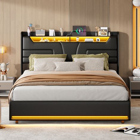 Cama baúl 140x190, Cama adulto, Cama capitoné, Cama 140, Cama Moderna en PU Negro con Iluminación LED Controlable, Enchufe Integrado y Estantes de cabecero