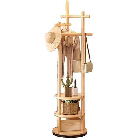Perchero giratorio de 360 grados, 178 cm de altura, 56 cm de diámetro en la base, 3 niveles de almacenamiento, fabricado en madera de caucho 100%. (1/5)