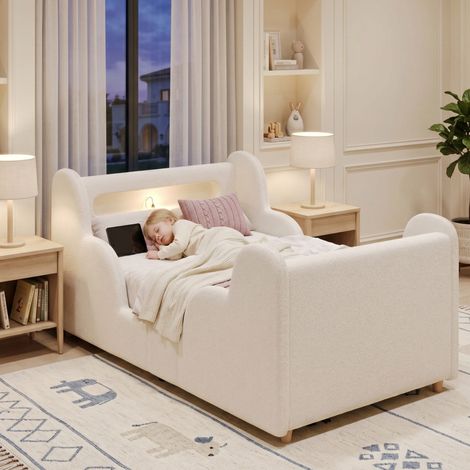 Lit enfant 90 x 200 cm, lit rembourré, lit simple avec barrière de sécurité, veilleuse, port de charge USB et étagères de rangement, pieds de lit en bois massif, bouclé beige (1/5)