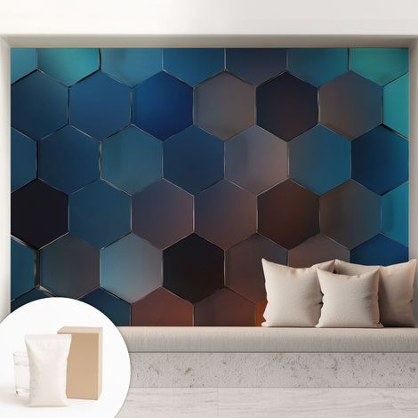 Papier peint intissé mural avec imprimé pour décoration pour salon pour chambre à coucher pour entrée Hexagones bleus 208x146 cm (1/5)