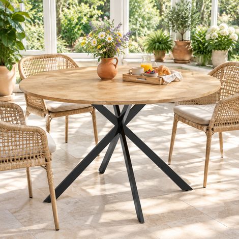 MODFU – Mesa de comedor redonda Ø120 cm de madera y acero para 4 personas con patas en X regulables y estilo industrial – Roble (1/5)
