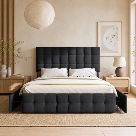 FLORAGRACE Lit rembourré adulte 140x200 cm en lin noir avec 4 tiroirs, tête de lit réglable, rangement (1/5)