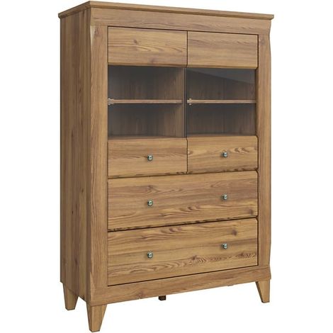 Vitrine à 2 portes en verre trempé et 2 tiroirs avec éclairage LED, coloris Mélèze doré - Longueur 102 x Profondeur 47 x Hauteur 150 cm (1/5)