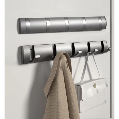 Perchero de pared resistente de aluminio con 5 ganchos retráctiles para colgar ropa, sombreros, bolsos y llaves – Gris (1/5)