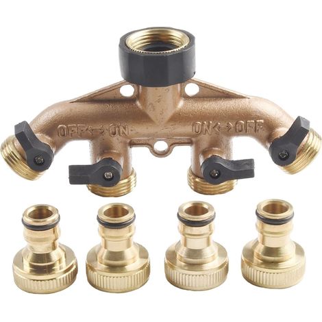 Répartiteur de tuyau à 4 voies, connecteur de robinet en laiton massif de 1,9 cm avec valve marche/arrêt individuelle pour arrosage de jardin (1/5)