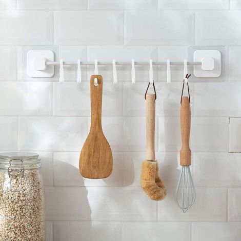 Porte-serviettes mural, support pour serviettes, porte-ustensiles de cuisine avec 8 crochets mobiles, étagère de rangement pour serviettes, cuillères, spatules (1/5)