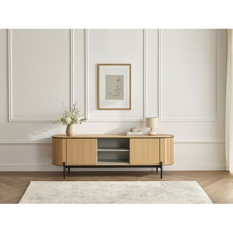 Bobochic – Meuble TV arrondi 168 cm AMBOISE – 2 portes – Façades striées chêne clair – Pieds métal noir – Rangement optimisé pour salon (1/5)