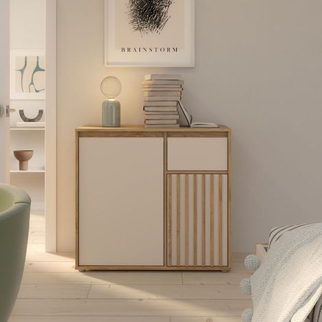 Mobile multiuso con anta cannettata e cassetto colore rovere e cashmere Neutra (1/5)