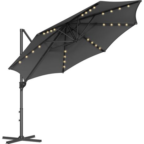 Songmics – Parasol déporté 300 cm – 28 LED solaires – Protection UPF 50+ – Rotation 360° – Inclinaison 0-60° – Base en croix – Gris