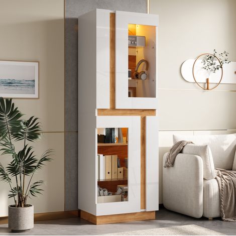 Vitrine 180 cm avec LED pilotée par application, 2 portes en verre, panneaux de particules, blanc (1/5)