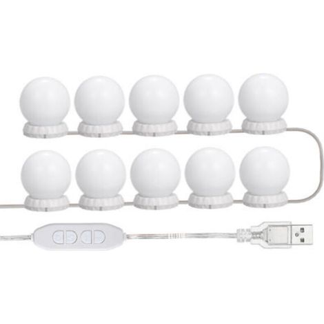Kit d’éclairage LED pour coiffeuse avec 10 lampes réglables, 10 niveaux de luminosité et 3 modes d’éclairage (jour/blanc chaud/neutre), alimentation USB, design épuré blanc
