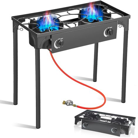 Réchaud à gaz 2 feux avec pieds amovibles, Rechaud gaz d'extérieur Avec tuyau de gaz de 1.5 m et régulateur de pression de gaz de 50 mbar (1/5)