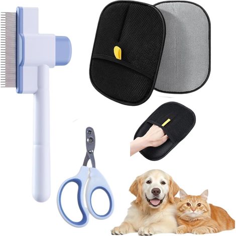 Kit de Toilettage pour Animaux : 1 Peigne à Chats + 2 Paires de Gants Double Face + 1 Cisaille à Ongles Universelle - Peigne à Puces, Dénoueuse en Acier Inoxydable, Gants Anti-Perdreau pour Chat (1/5)