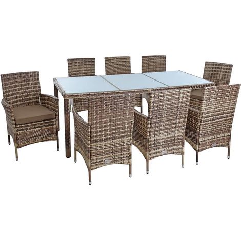 Estexo – Ensemble table et chaise de jardin 8 personnes – Polyrotin marron – Plateau en verre dépoli – Confort optimal avec coussins polyester