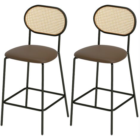 Lot de 2 tabourets de bar haut avec dossier en rotin, assise PU, cadre acier et repose-pieds marron