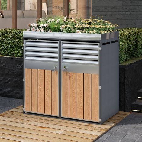 Doppelter Mülltonnenverkleidung 132 x 80 x 124,5 cm – Überdachung mit Blumenkasten – abschließbar – verzinkter Stahl in Holzoptik (1/5)