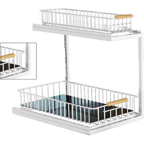 Étagère sous évier multifonction coulissante 2 niveaux pour rangement épices tiroir salle de bain cuisine acier carbone blanc (1/5)