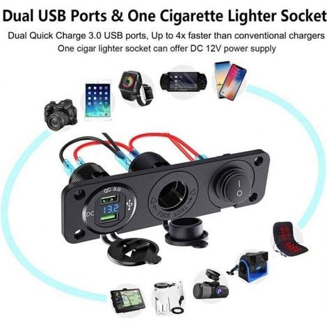 Panneau de prises USB, Répartiteur Allume-Cigare, Double Chargeur QC3.0 USB A et USB C avec Voltmètre LED pour Voiture 12V/24V (1/3)