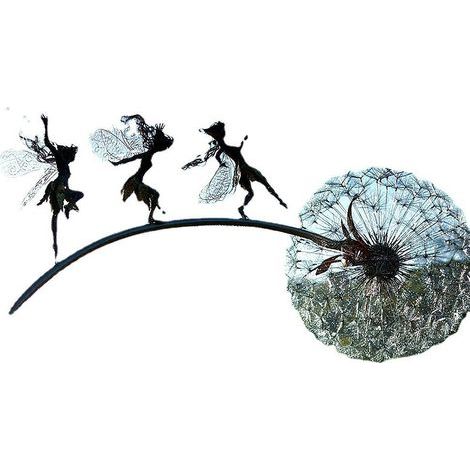 Löwenzahnfee tanzt mit Rotkehlchen, weißer Elf, Eisenskulptur, Metallarbeit (1/5)