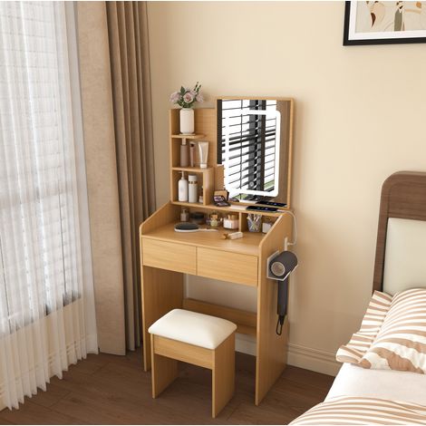 Coiffeuse 60/36/130 cm décor bois naturel avec miroir LED, 2 tiroirs et tabouret rembourré (1/5)