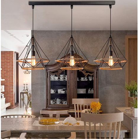 Hänge-Kronleuchter im Industrie-Design, 3 Lampen, Diamant-Hanfseil, Metall, LED-Leuchte, Deckenleuchte, Lampenschirm, Retro-Design, E27, für Küche, Wohnzimmer, Schlafzimmer (mit Bar) (1/5)