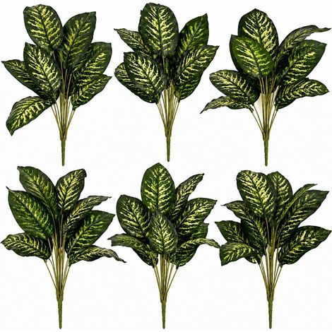 Pack of 6 x 60cm Artificial Dieffenbachia Style Stem Plant Green Variegated Faux Foliage (1/4)