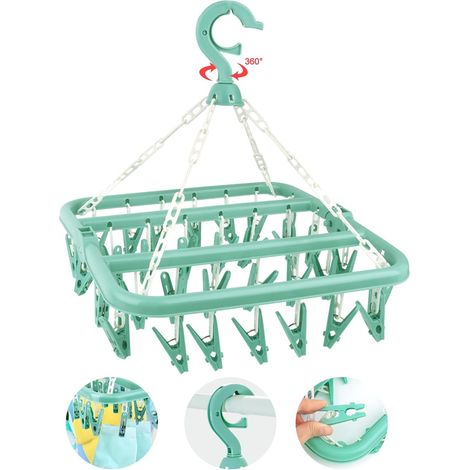 LWMTT Etendoir Chaussette, Étendoir à Linge à Suspendre avec 32 Pinces,Etendoir Linge Interieur Extérieur Suspendre, Sechoir a Linge Rotatif Pliant, pour Chaussettes, sous-Vêtements et Petits (Vert) (1/5)
