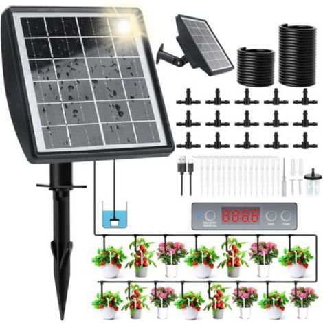 Solarbetriebenes Bewässerungssystem zur automatischen Bewässerung von Zimmerpflanzen, mit Zeitschaltuhr und 15 m langem Tropfschlauch (1/4)