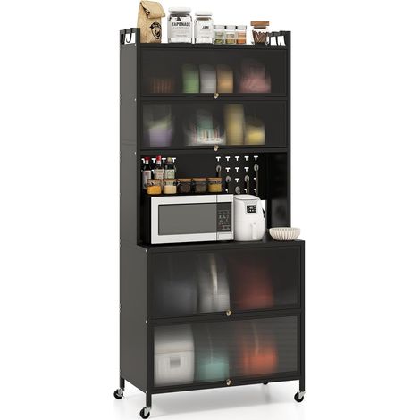 Costway – Meuble de cuisine à 6 niveaux – Armoire en acier au carbone noir avec portes battantes – Panneau perforé et 10 crochets – Support micro-ondes sur roulettes (1/5)